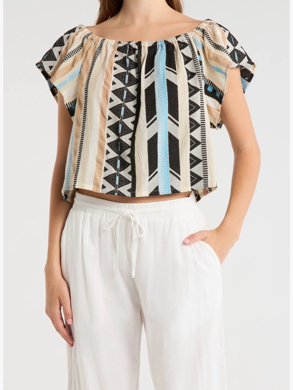 Elan Aztec Stripe Off-Shoulder Crop Top in Blue, Cream & Black